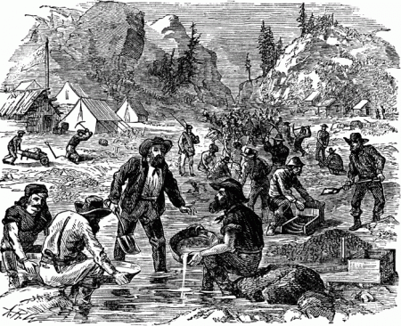 California gold rush miners with pistol showing illustrates the origins of initial property rights