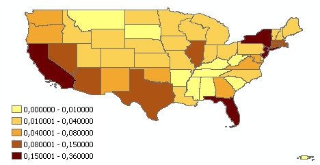 Immigrant fraction per state in 1994 shows effect of immigration criteria